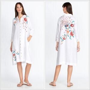 JOHNNY WAS | Grace Button Down Linen Embroidered Midi Dress Peacock XS